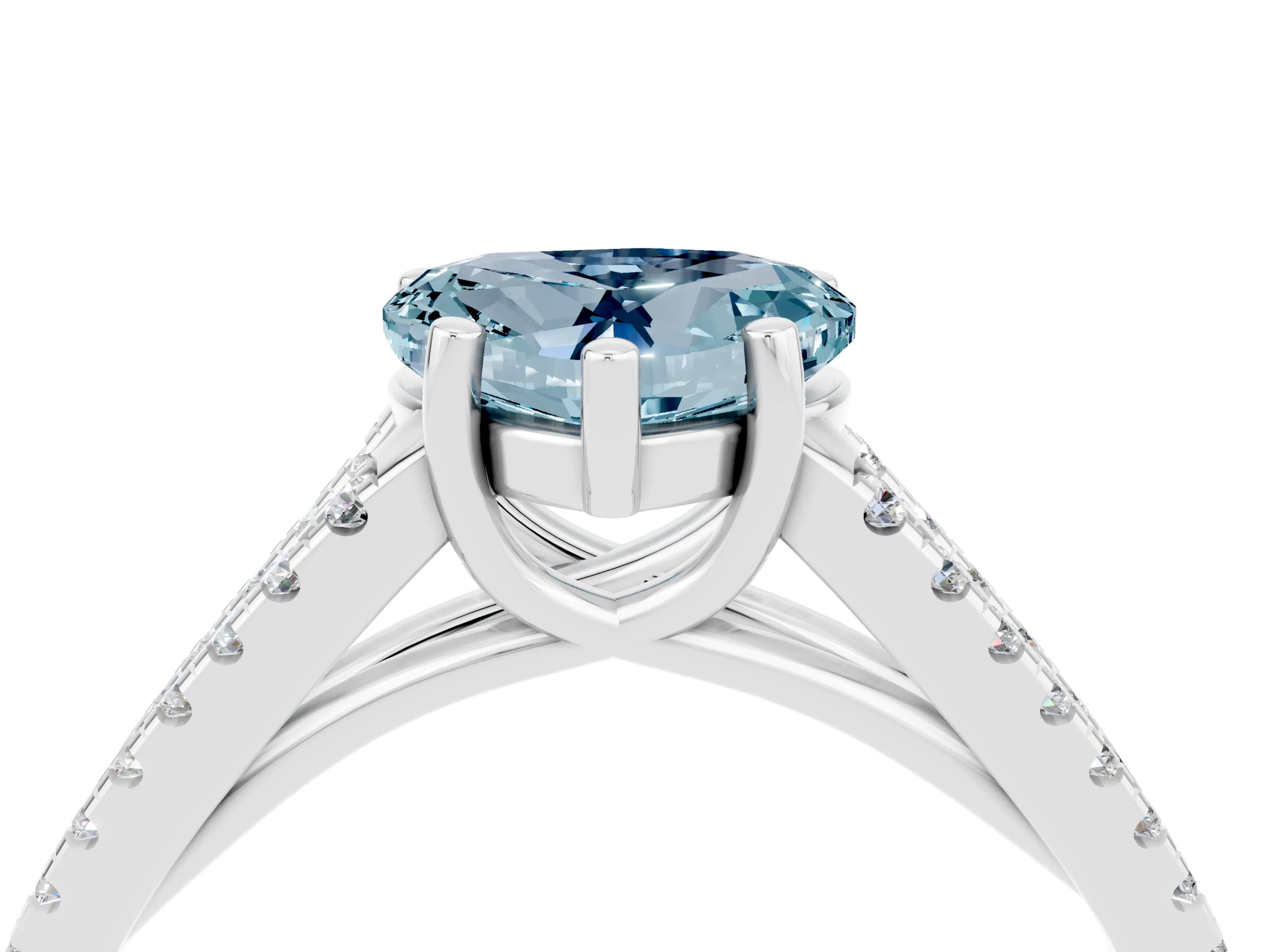 White gold Heart Cut Aquamarine Solitaire Engagement Ring with Split Shank Pavé Band_4