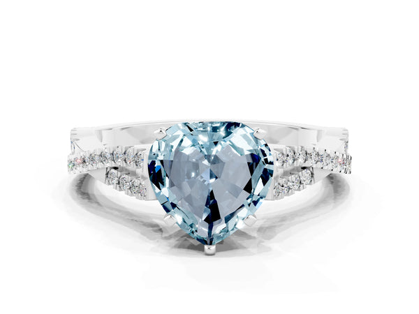 Platinum Heart Cut Aquamarine Solitaire Engagement Ring with Twisted Pavé Band and Four-Prong Setting
