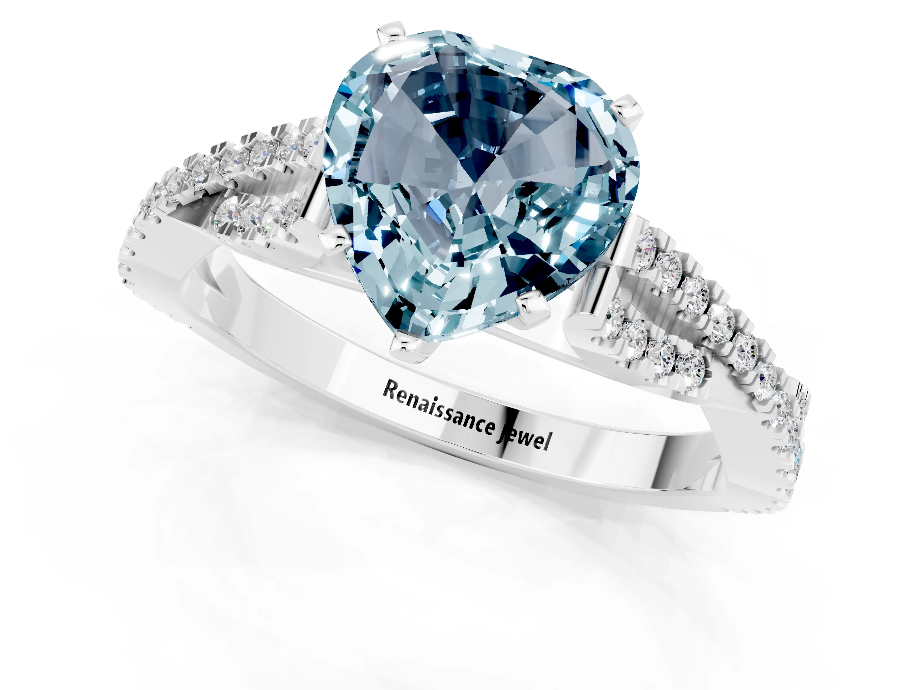 White gold Heart Cut Aquamarine Solitaire Engagement Ring with Twisted Pavé Band and Four-Prong Setting_13