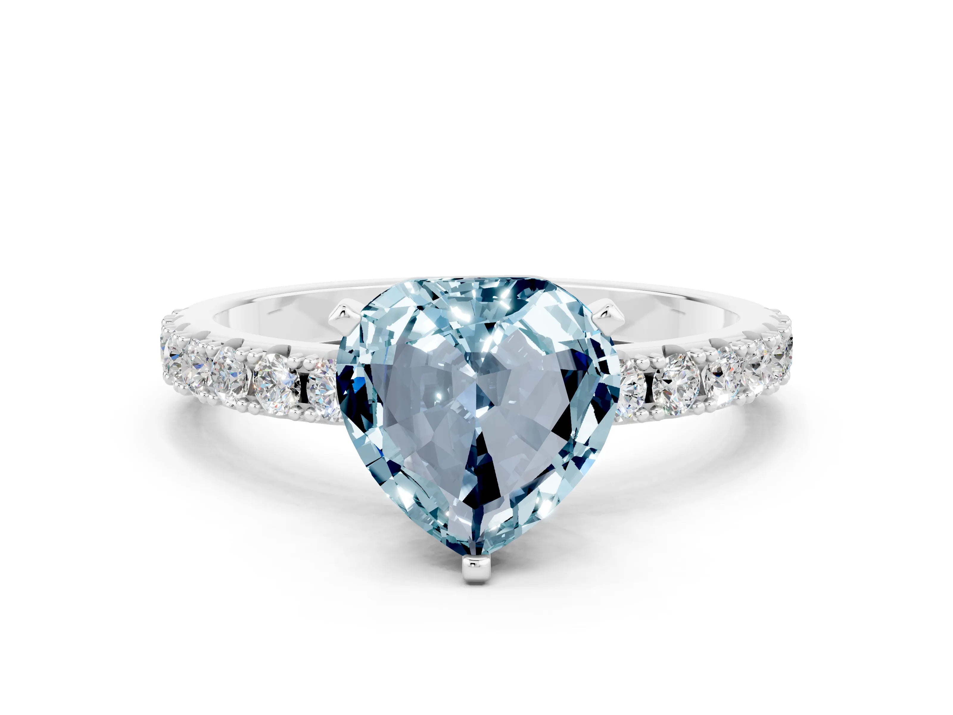 White gold Heart Cut Aquamarine Solitaire Pavé Band with Four-Prong Setting
