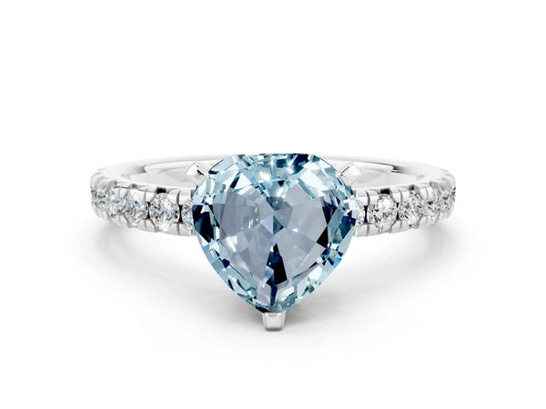 White gold Heart Cut Aquamarine Solitaire Pavé Engagement Ring with Round Band and Prong Setting