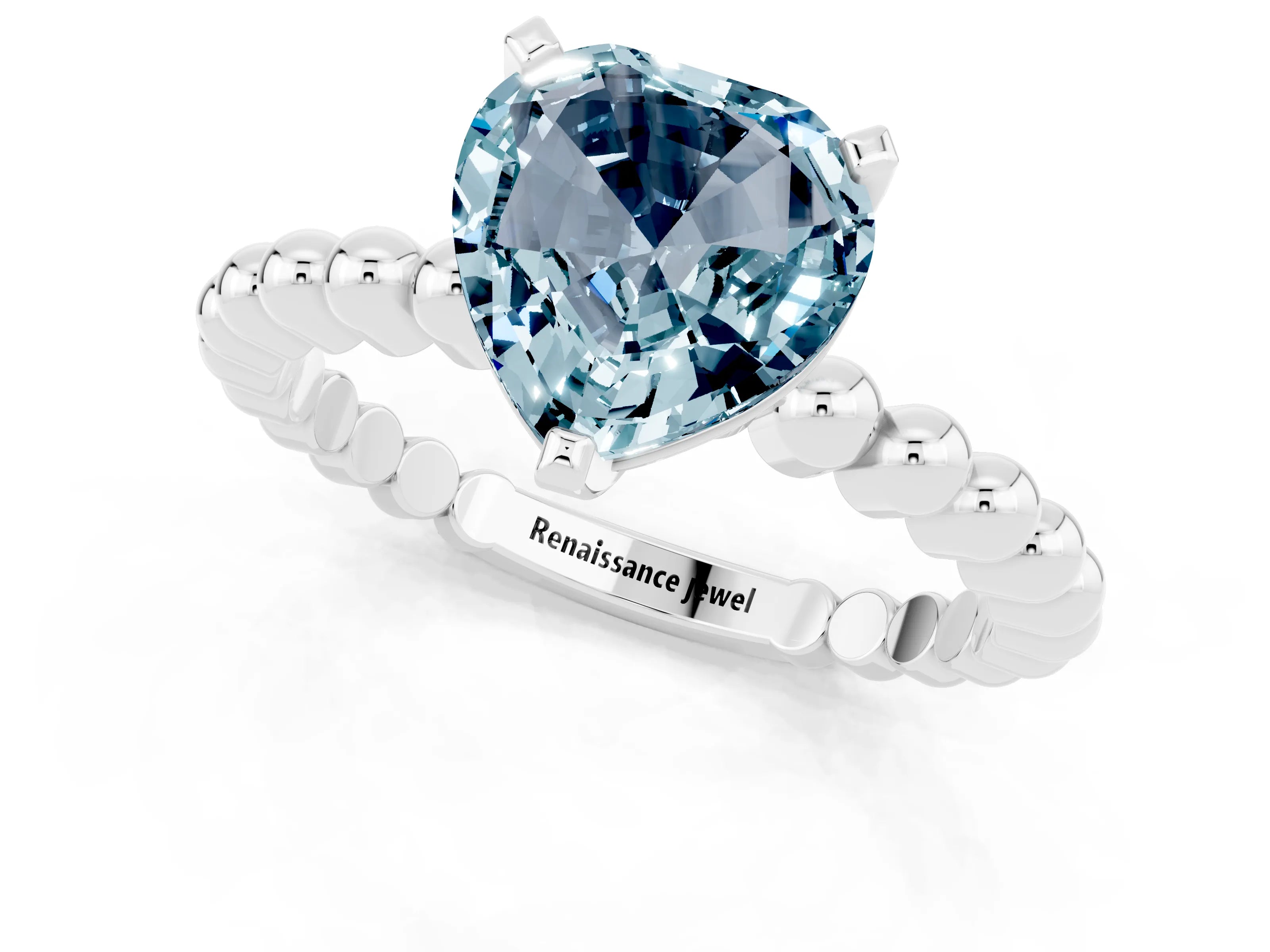 White gold Heart Cut Aquamarine Solitaire Ring with Beaded Band and Prong Setting_1