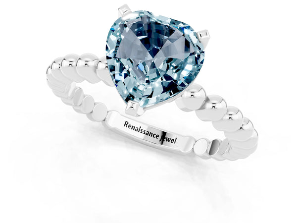 Platinum Heart Cut Aquamarine Solitaire Ring with Beaded Band and Prong Setting