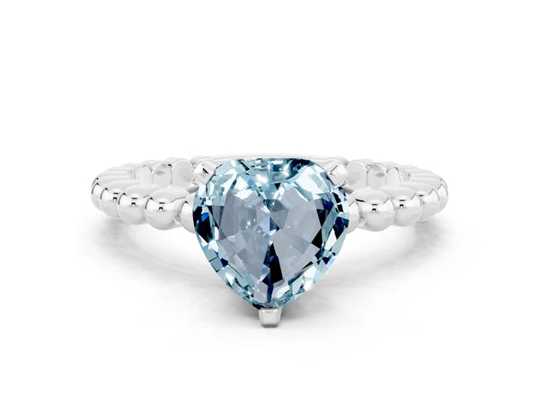 White gold Heart Cut Aquamarine Solitaire Ring with Beaded Band and Prong Setting