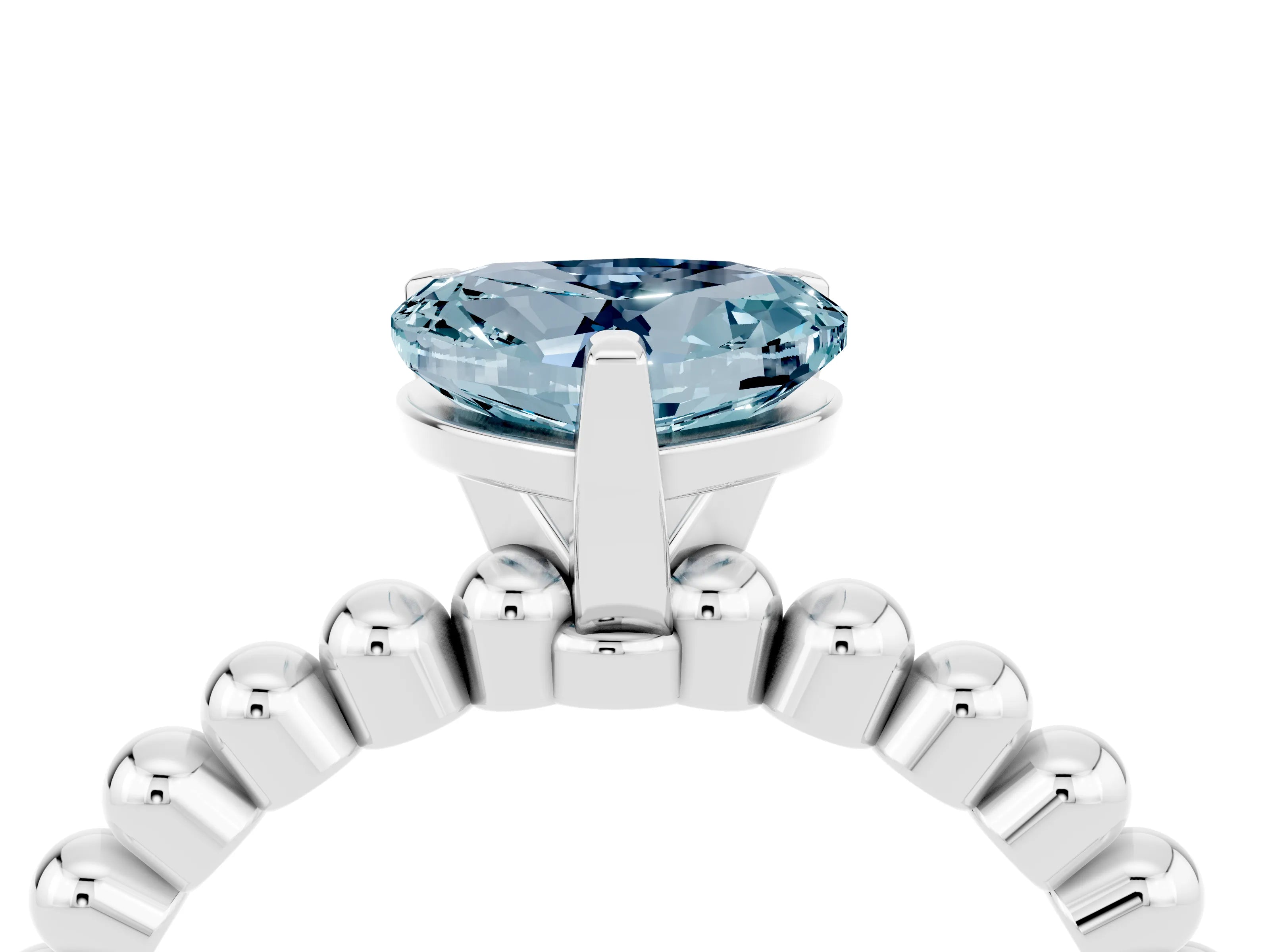 White gold Heart Cut Aquamarine Solitaire Ring with Beaded Band and Prong Setting_16