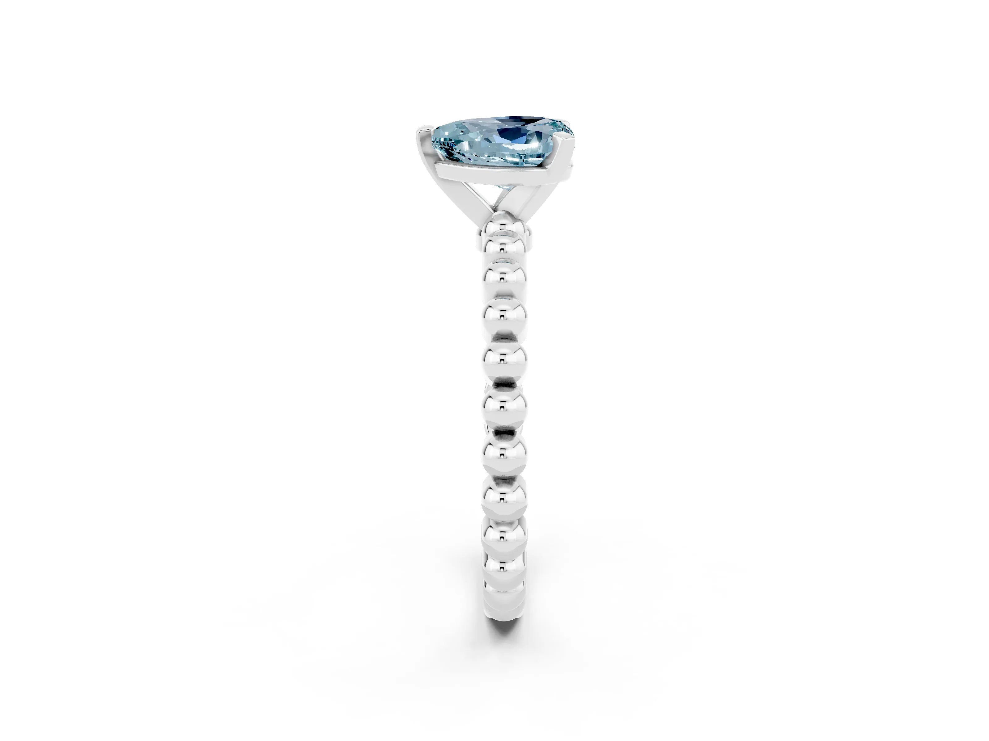 White gold Heart Cut Aquamarine Solitaire Ring with Beaded Band and Prong Setting_2