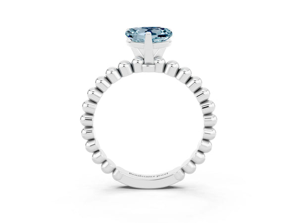 Platinum Heart Cut Aquamarine Solitaire Ring with Beaded Band and Prong Setting