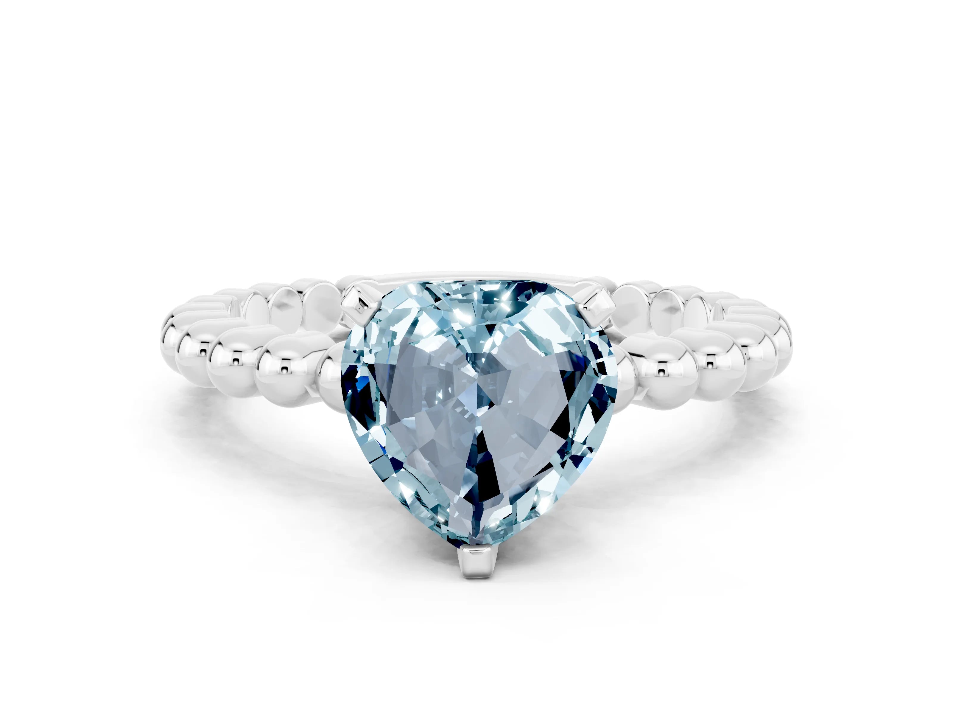 White gold Heart Cut Aquamarine Solitaire Ring with Beaded Band and Prong Setting