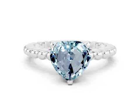 White gold Heart Cut Aquamarine Solitaire Ring with Beaded Band and Prong Setting