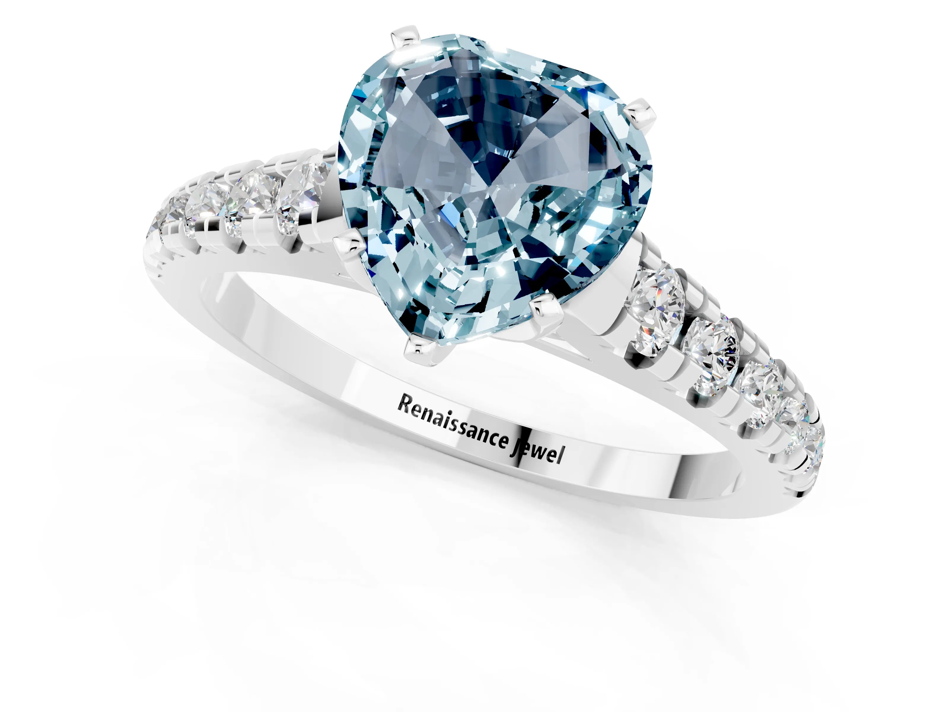 White gold Heart Cut Aquamarine Solitaire Ring with Cathedral Setting and Pavé Band_1
