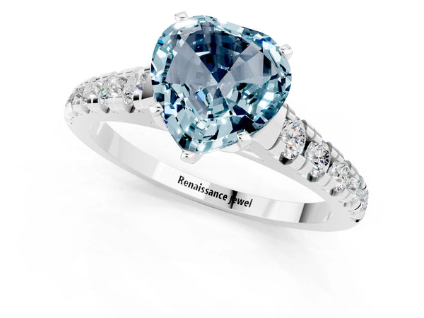 Silver Heart Cut Aquamarine Cathedral Solitaire Ring with Round  Pavé Band