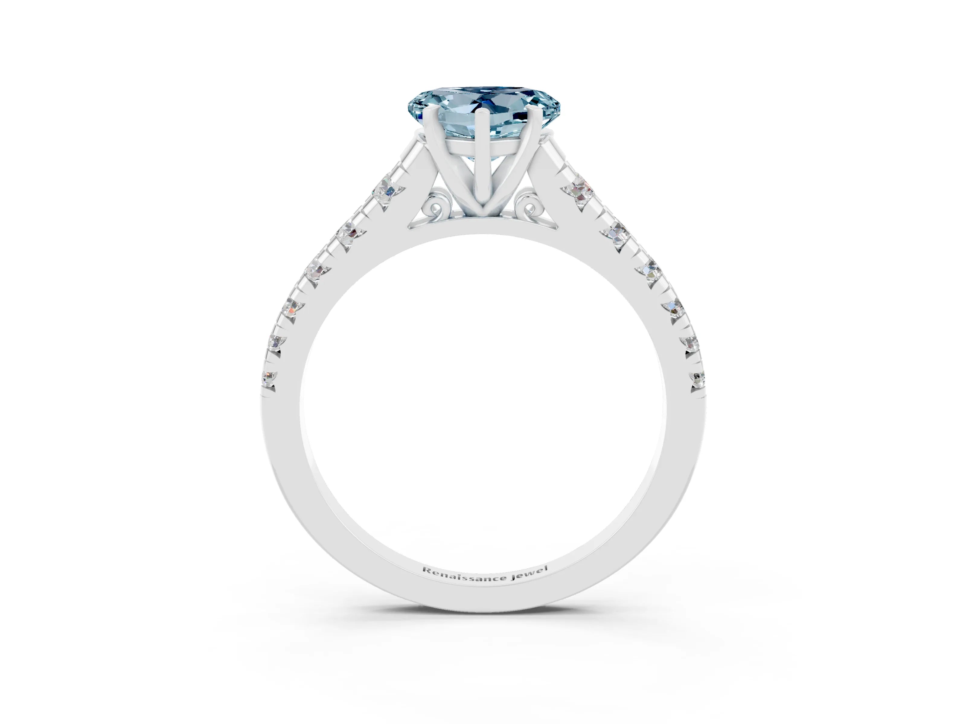 White gold Heart Cut Aquamarine Solitaire Ring with Cathedral Setting and Pavé Band_3