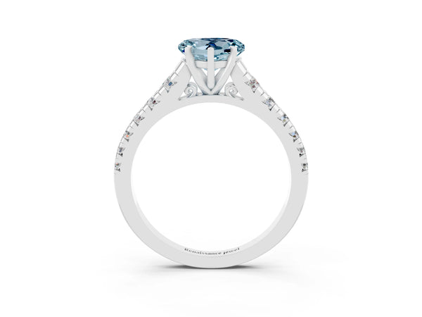 White gold Heart Cut Aquamarine Cathedral Solitaire Ring with Round  Pavé Band