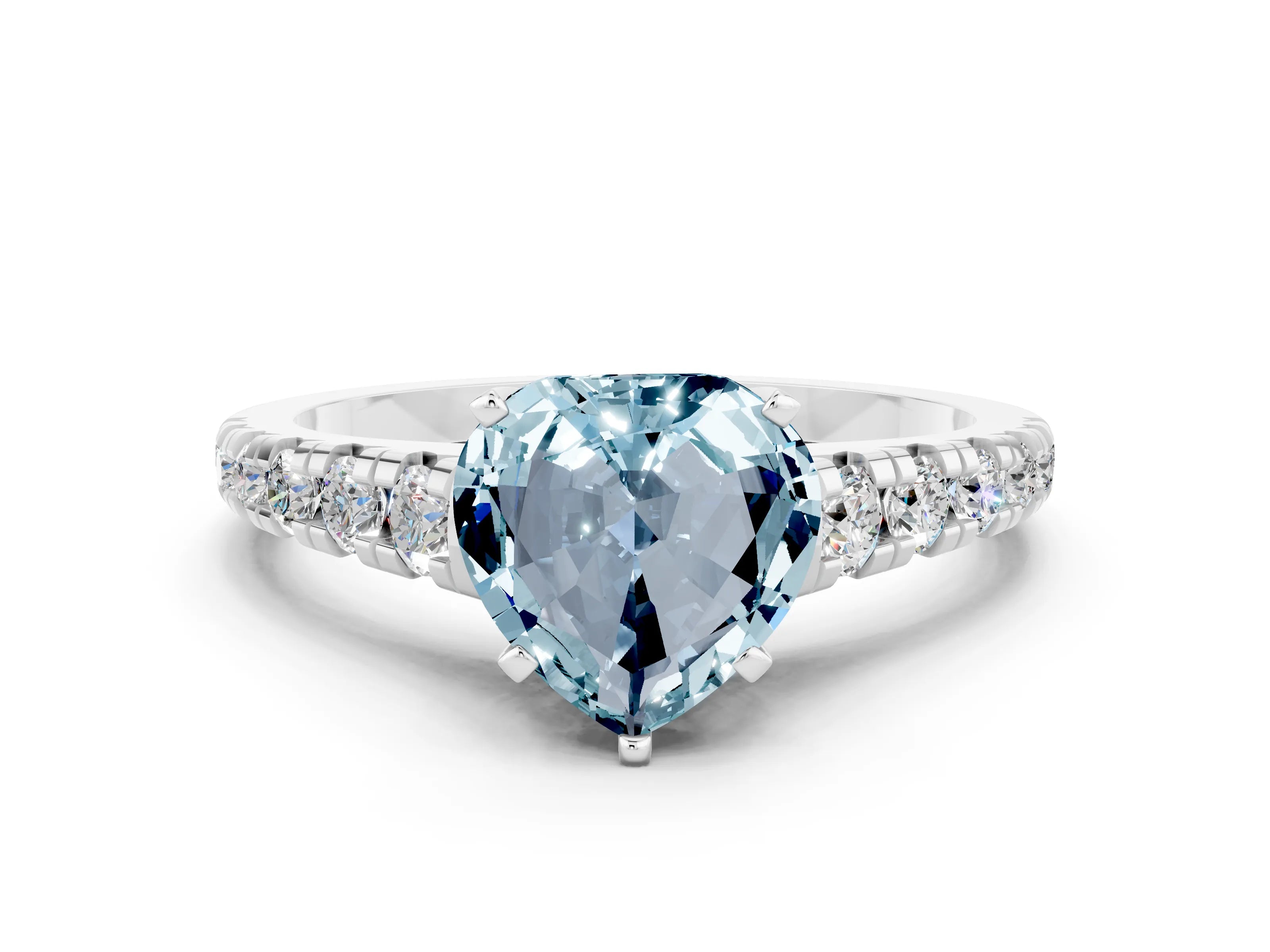 White gold Heart Cut Aquamarine Solitaire Ring with Cathedral Setting and Pavé Band