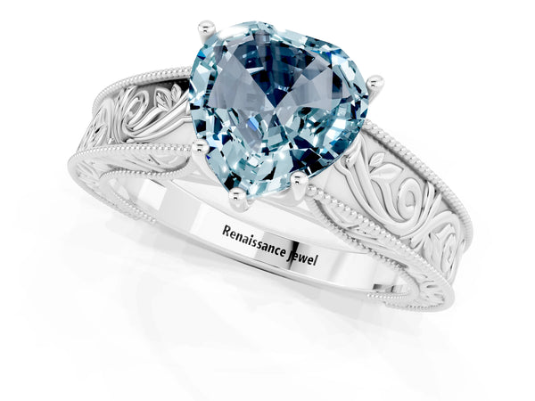 White gold Heart Cut Aquamarine Solitaire Ring with Engraved Band and Four-Prong Setting