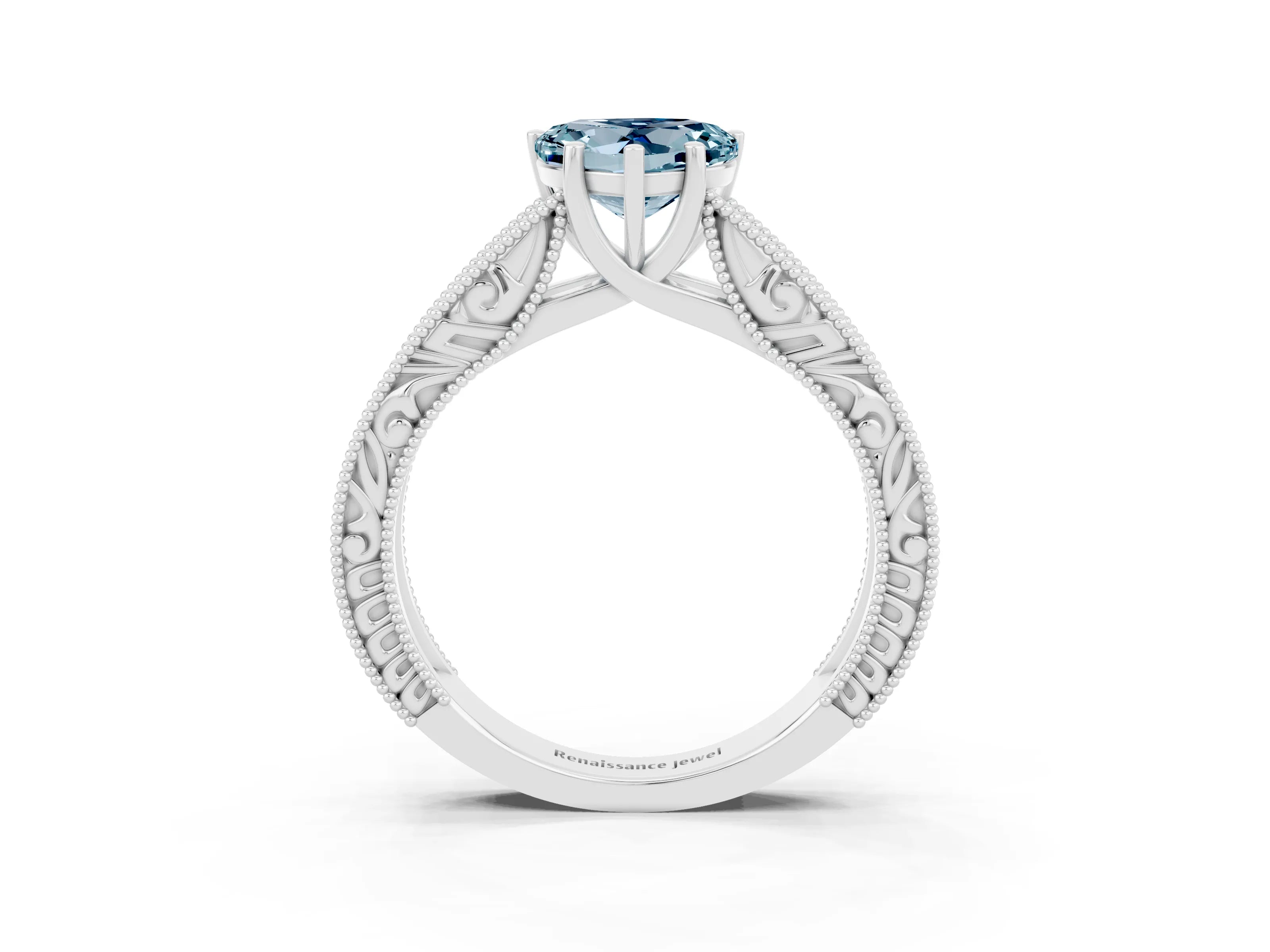 White gold Heart Cut Aquamarine Solitaire Ring with Engraved Band and Four-Prong Setting_3