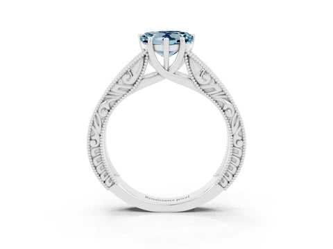 White gold Heart Cut Aquamarine Solitaire Ring with Engraved Band and Four-Prong Setting_3