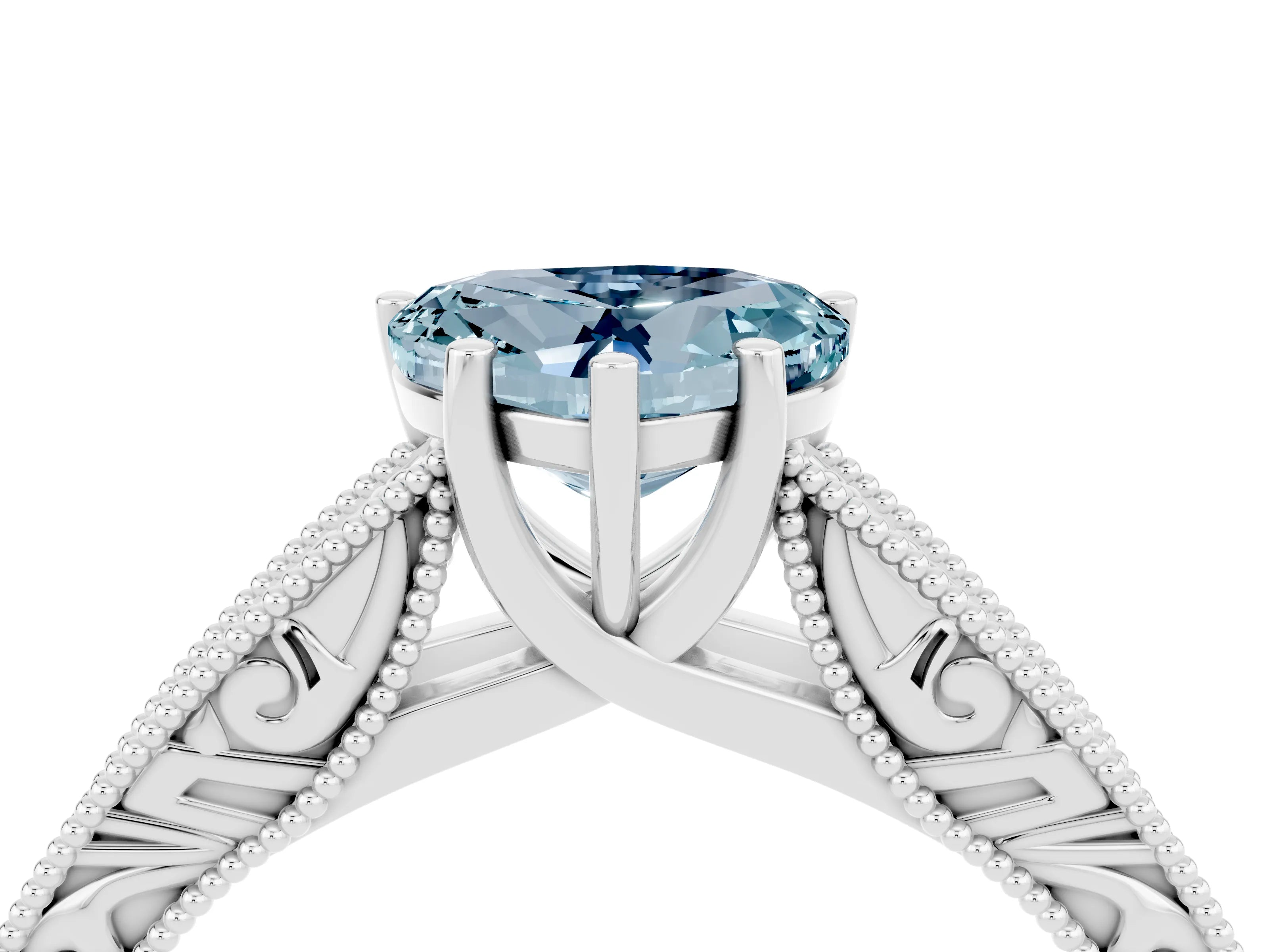 White gold Heart Cut Aquamarine Solitaire Ring with Engraved Band and Four-Prong Setting_4