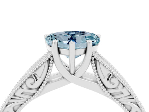 White gold Heart Cut Aquamarine Solitaire Ring with Engraved Band and Four-Prong Setting_4
