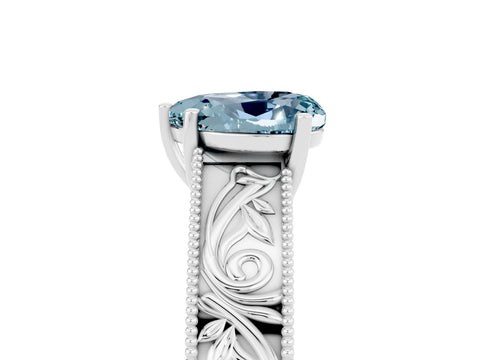 White gold Heart Cut Aquamarine Solitaire Ring with Engraved Band and Four-Prong Setting_5