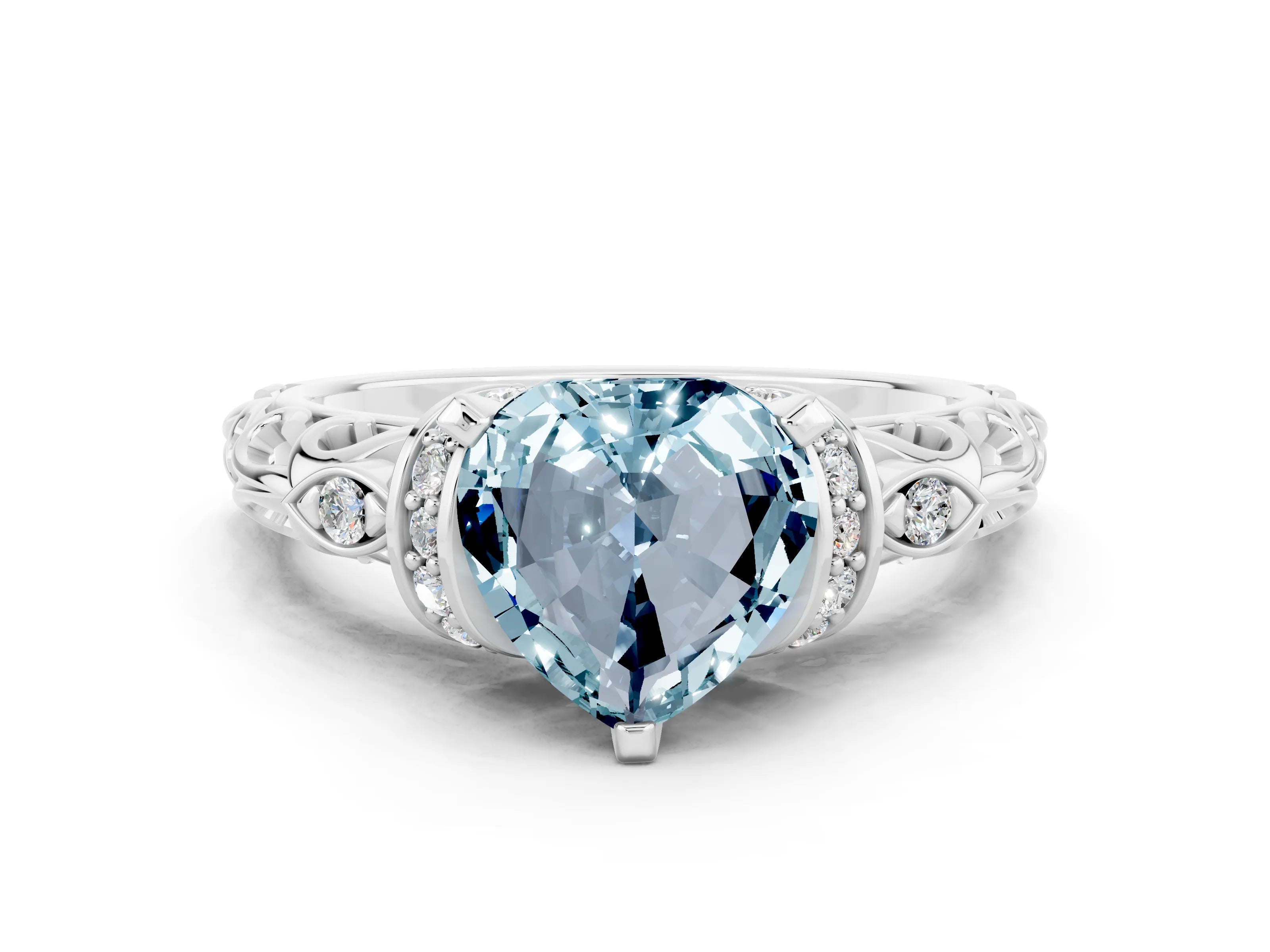 White gold Heart Cut Aquamarine Solitaire Ring with Filigree Band and Four-Prong Setting_24