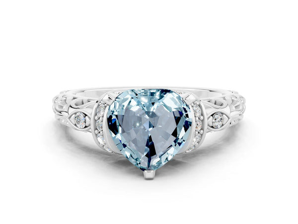 White gold Heart Cut Aquamarine Solitaire Ring with Filigree Band and Four-Prong Setting