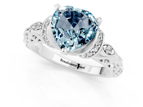 Platinum Heart Cut Aquamarine Solitaire Ring with Filigree Band and Four-Prong Setting