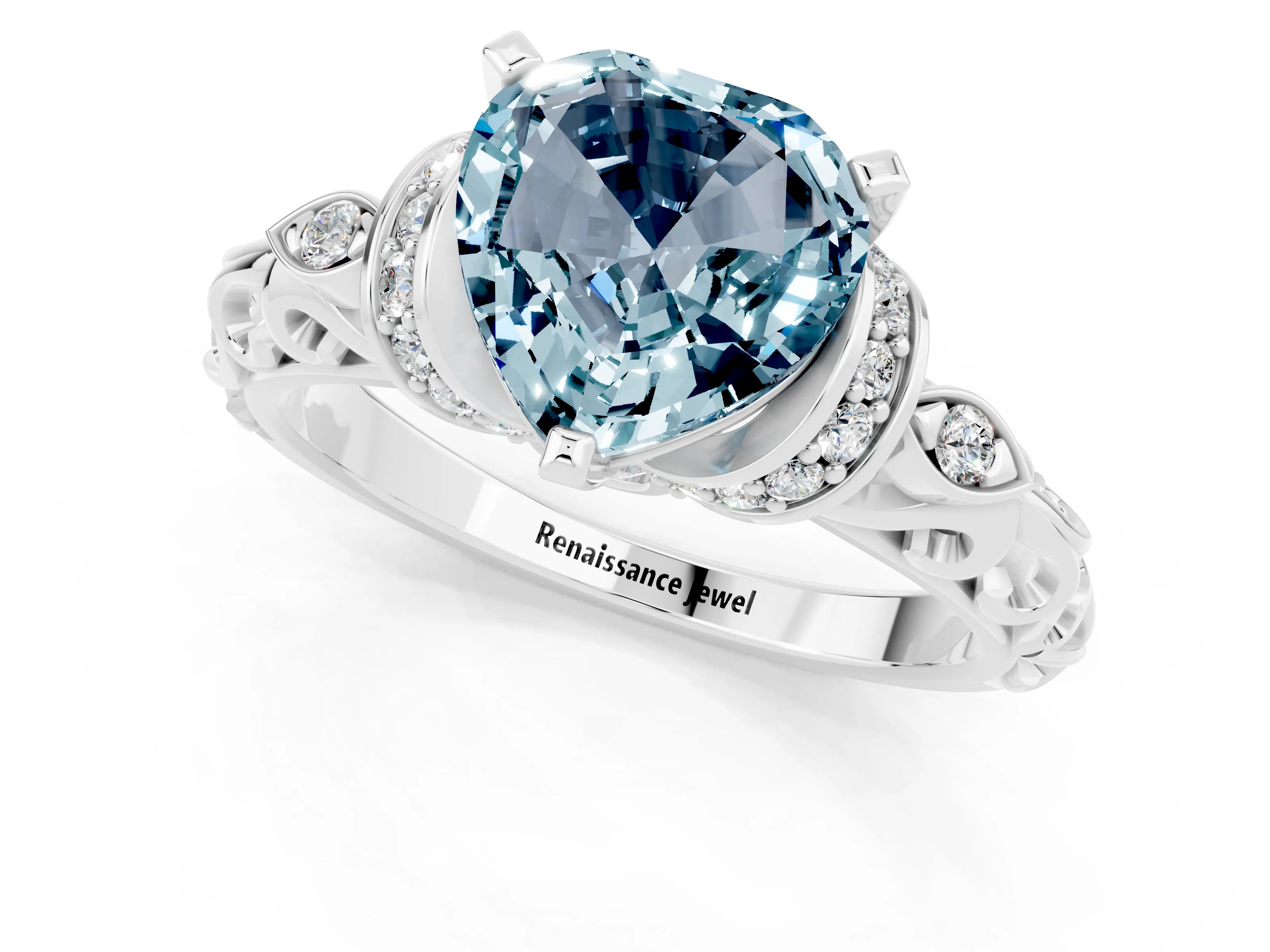 White gold Heart Cut Aquamarine Solitaire Ring with Filigree Band and Four-Prong Setting_25