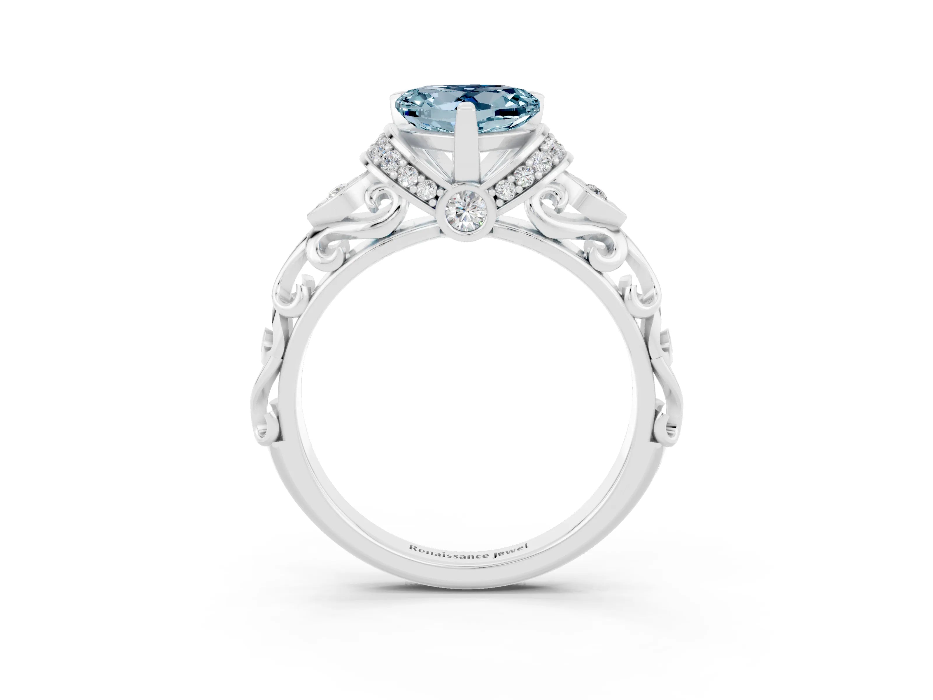 White gold Heart Cut Aquamarine Solitaire Ring with Filigree Band and Four-Prong Setting_27
