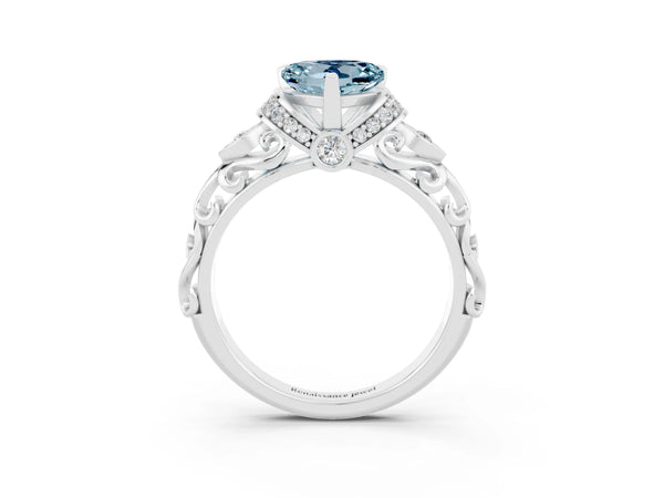 Silver Heart Cut Aquamarine Solitaire Ring with Filigree Band and Four-Prong Setting
