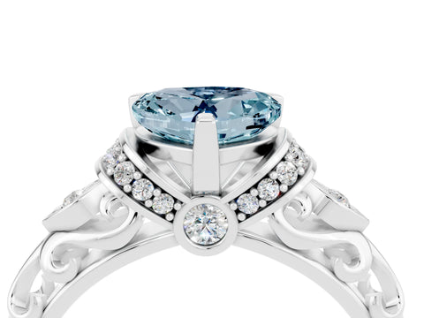 White gold Heart Cut Aquamarine Solitaire Ring with Filigree Band and Four-Prong Setting_28