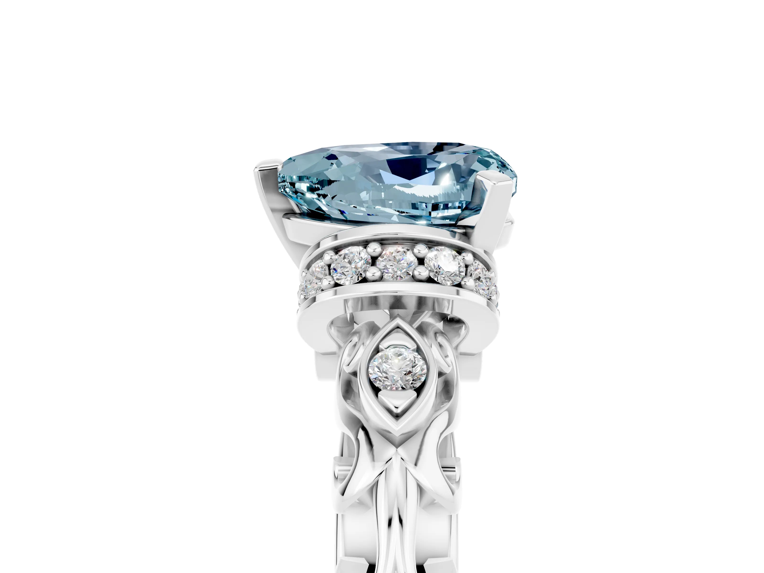 White gold Heart Cut Aquamarine Solitaire Ring with Filigree Band and Four-Prong Setting_29