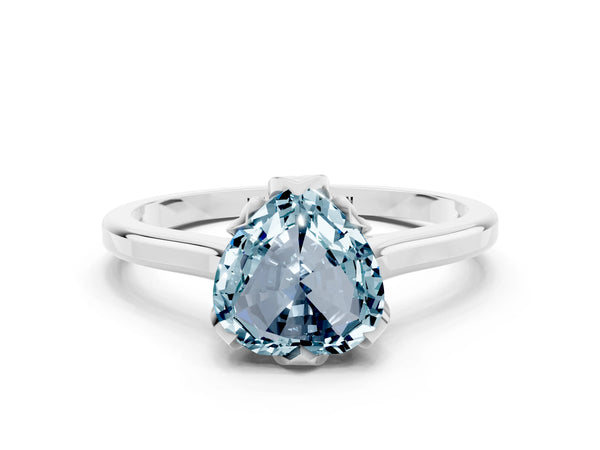 Platinum Heart Cut Aquamarine Solitaire Ring with Flower Prong Setting and Classic Band