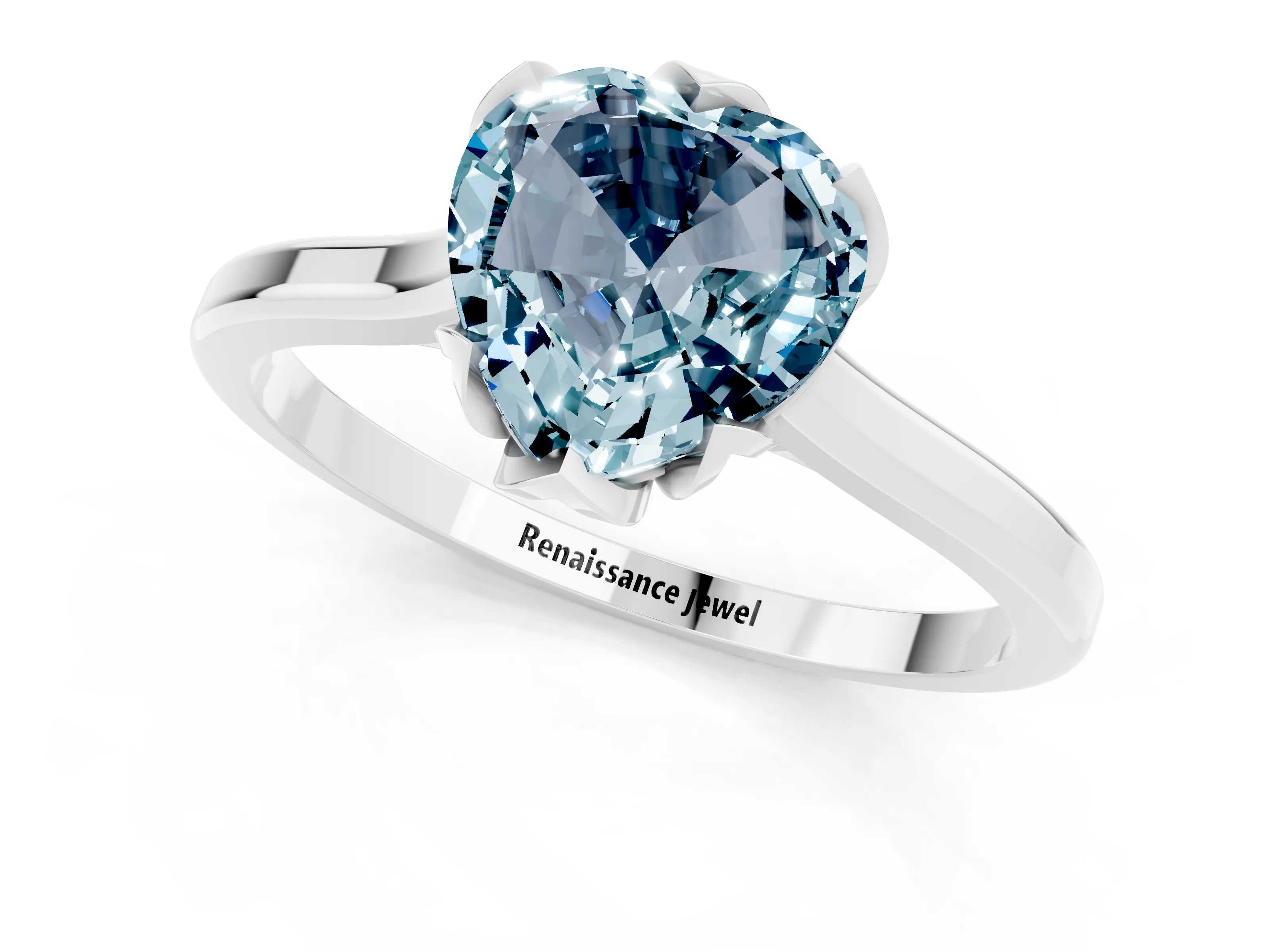 White gold Heart Cut Aquamarine Solitaire Ring with Flower Prong Setting and Classic Band_13