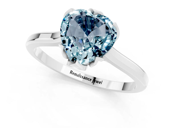 Silver Heart Cut Aquamarine Solitaire Ring with Flower Prong Setting and Classic Band
