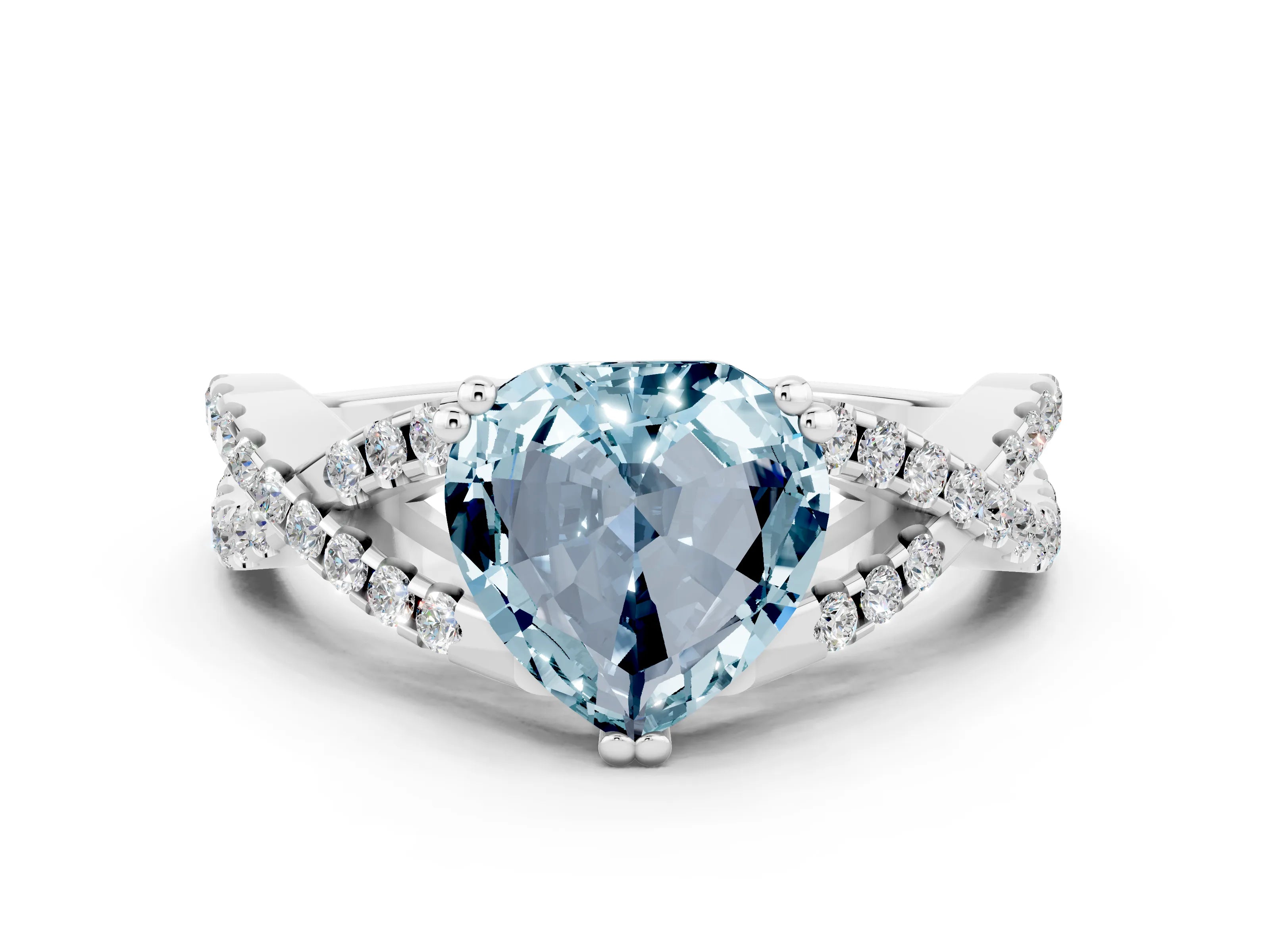White gold Heart Cut Aquamarine Solitaire Ring with Four-Prong Setting and Twisted Pavé Band