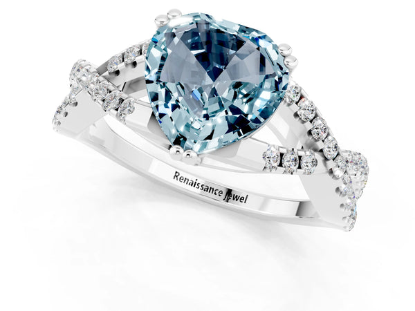 Platinum Heart Cut Aquamarine Solitaire Ring with Four-Prong Setting and Twisted Pavé Band