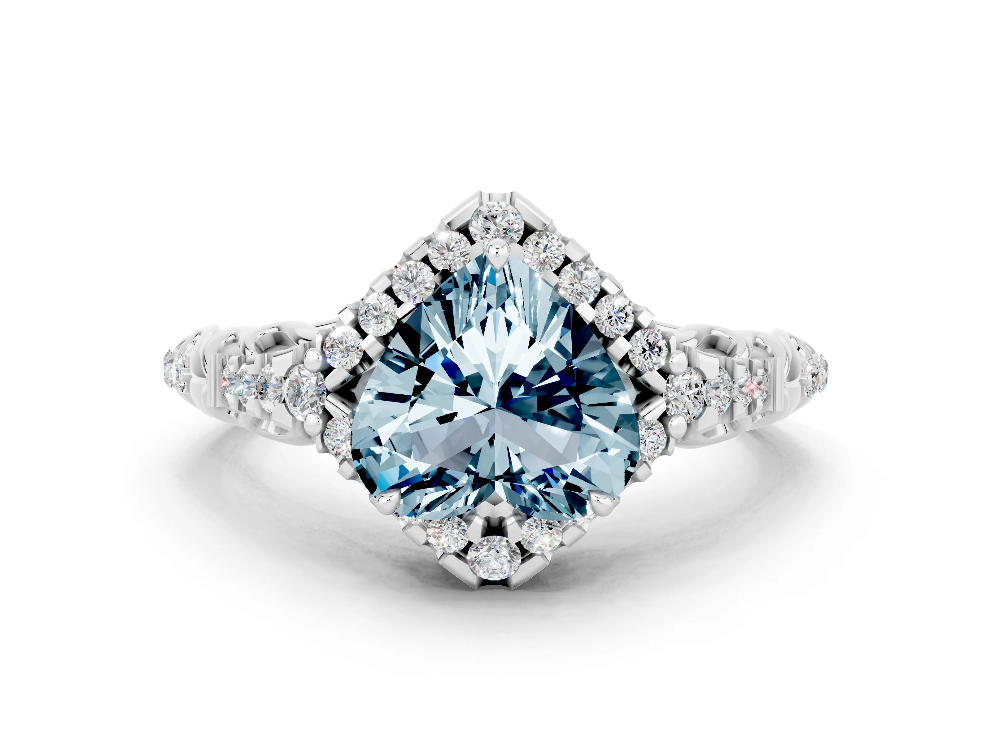 White gold Heart Cut Aquamarine Solitaire Ring with Hidden Halo and Pavé Band_12