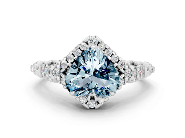 Platinum Heart Cut Aquamarine Solitaire Ring with Hidden Halo and Pavé Band
