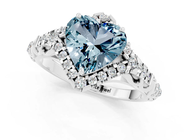 White gold Heart Cut Aquamarine Solitaire Ring with Hidden Halo and Pavé Band