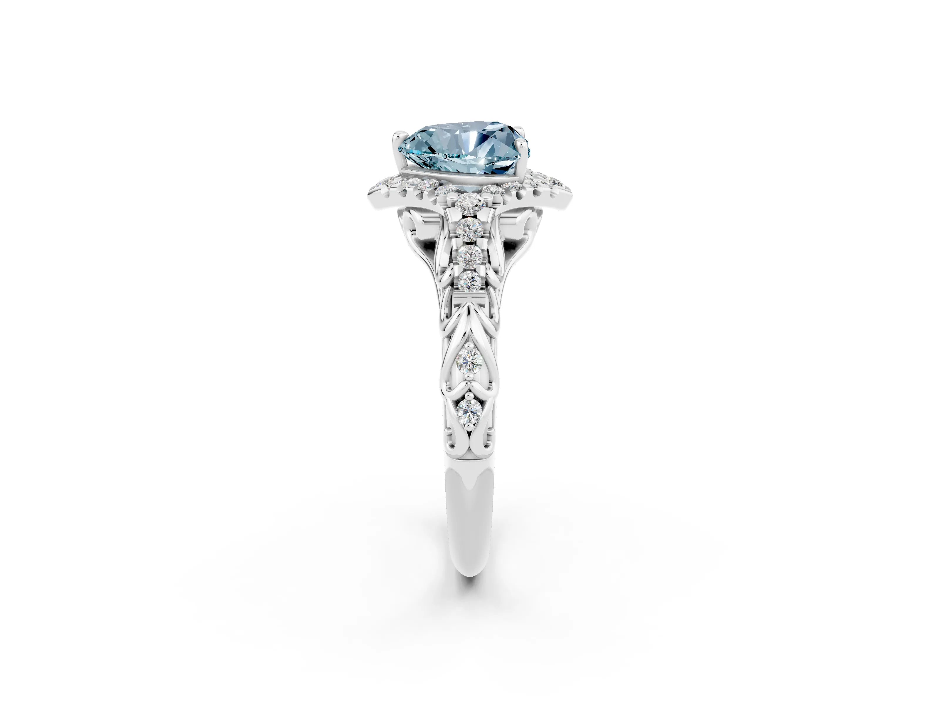 White gold Heart Cut Aquamarine Solitaire Ring with Hidden Halo and Pavé Band_14