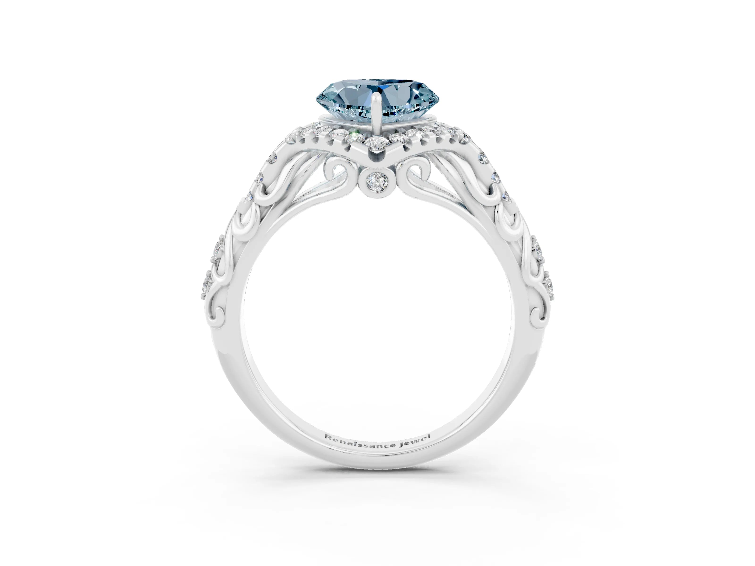 White gold Heart Cut Aquamarine Solitaire Ring with Hidden Halo and Pavé Band_15