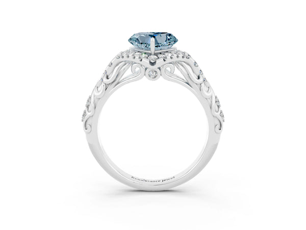 White gold Heart Cut Aquamarine Solitaire Ring with Hidden Halo and Pavé Band