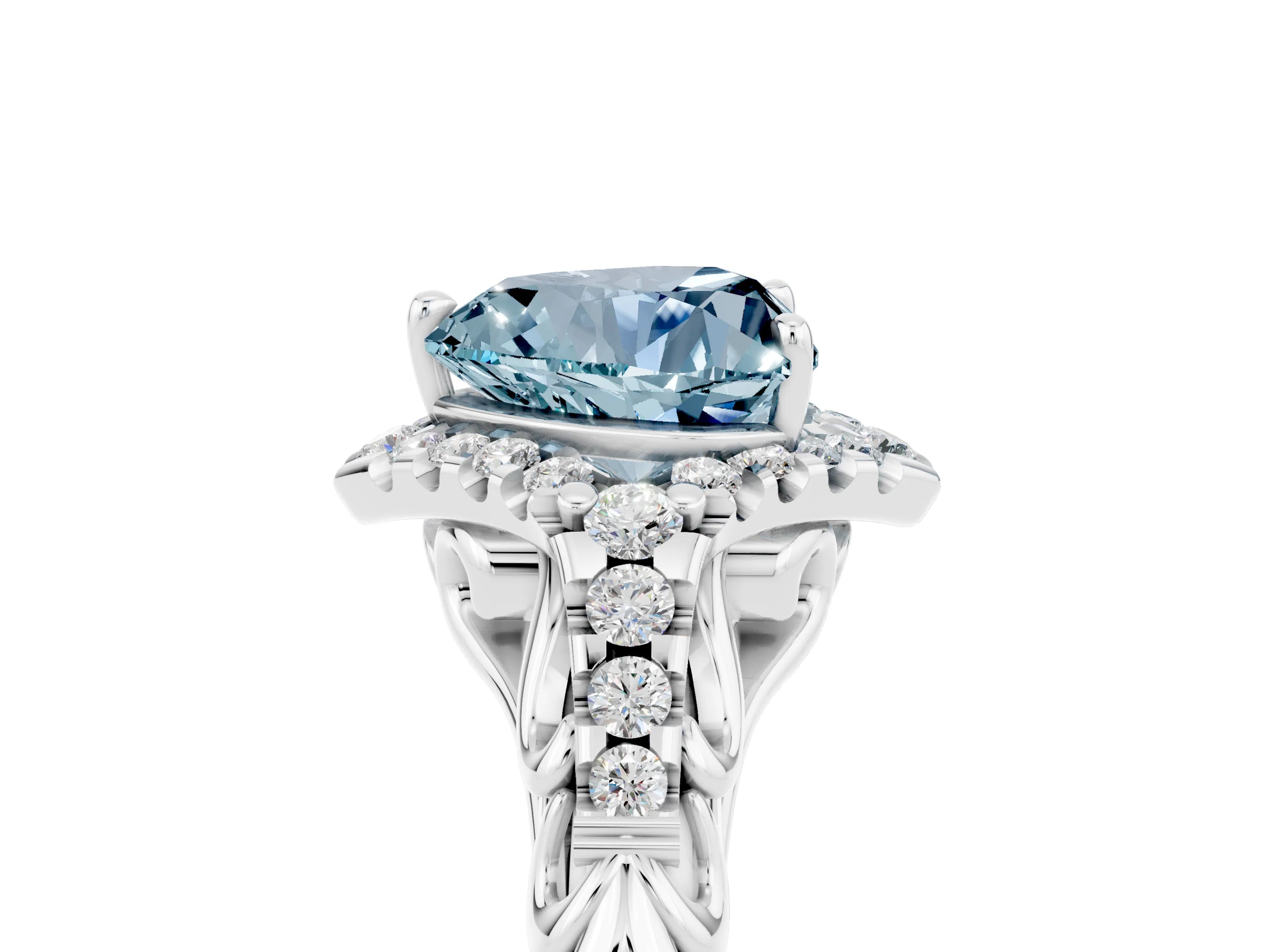 White gold Heart Cut Aquamarine Solitaire Ring with Hidden Halo and Pavé Band_17