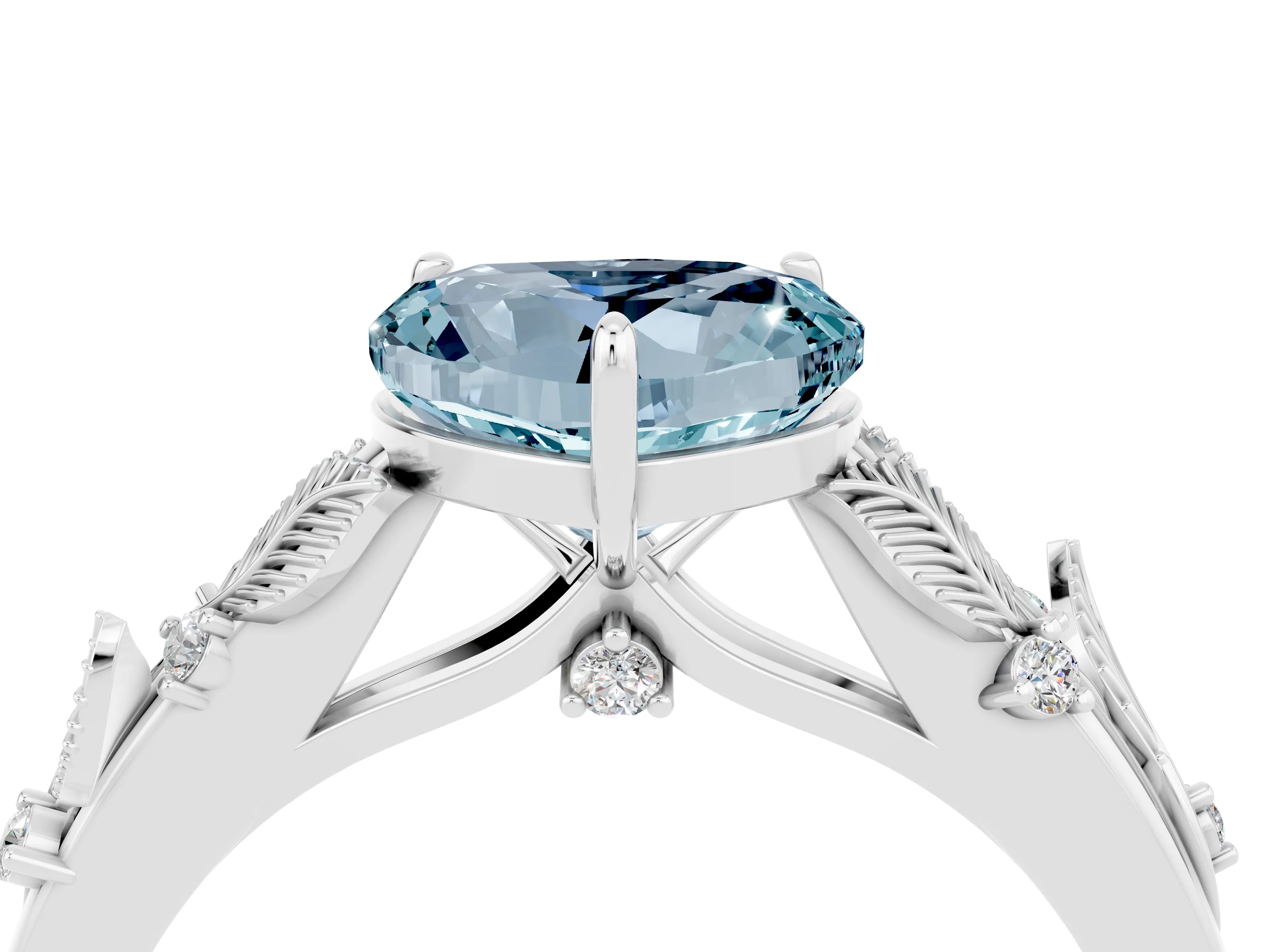 White gold Heart Cut Aquamarine Solitaire Ring with Leaf Motif Band and Four-Prong Setting_16