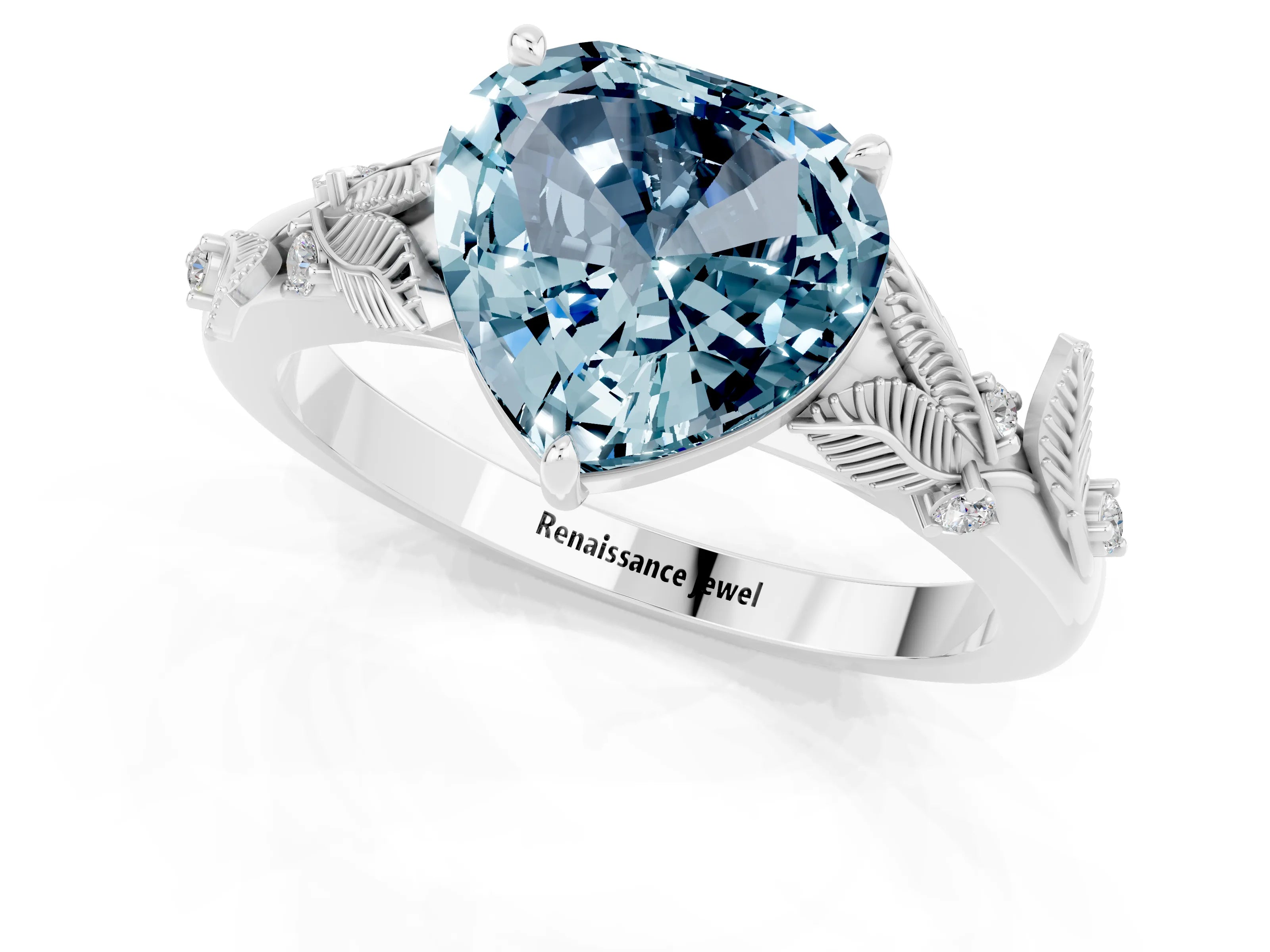 White gold Heart Cut Aquamarine Solitaire Ring with Leaf Motif Band and Four-Prong Setting_1