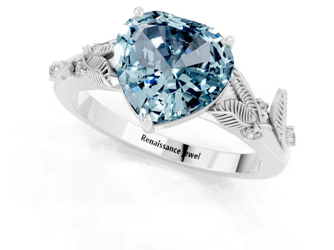 White gold Heart Cut Aquamarine Solitaire Ring with Leaf Motif Band and Four-Prong Setting_1