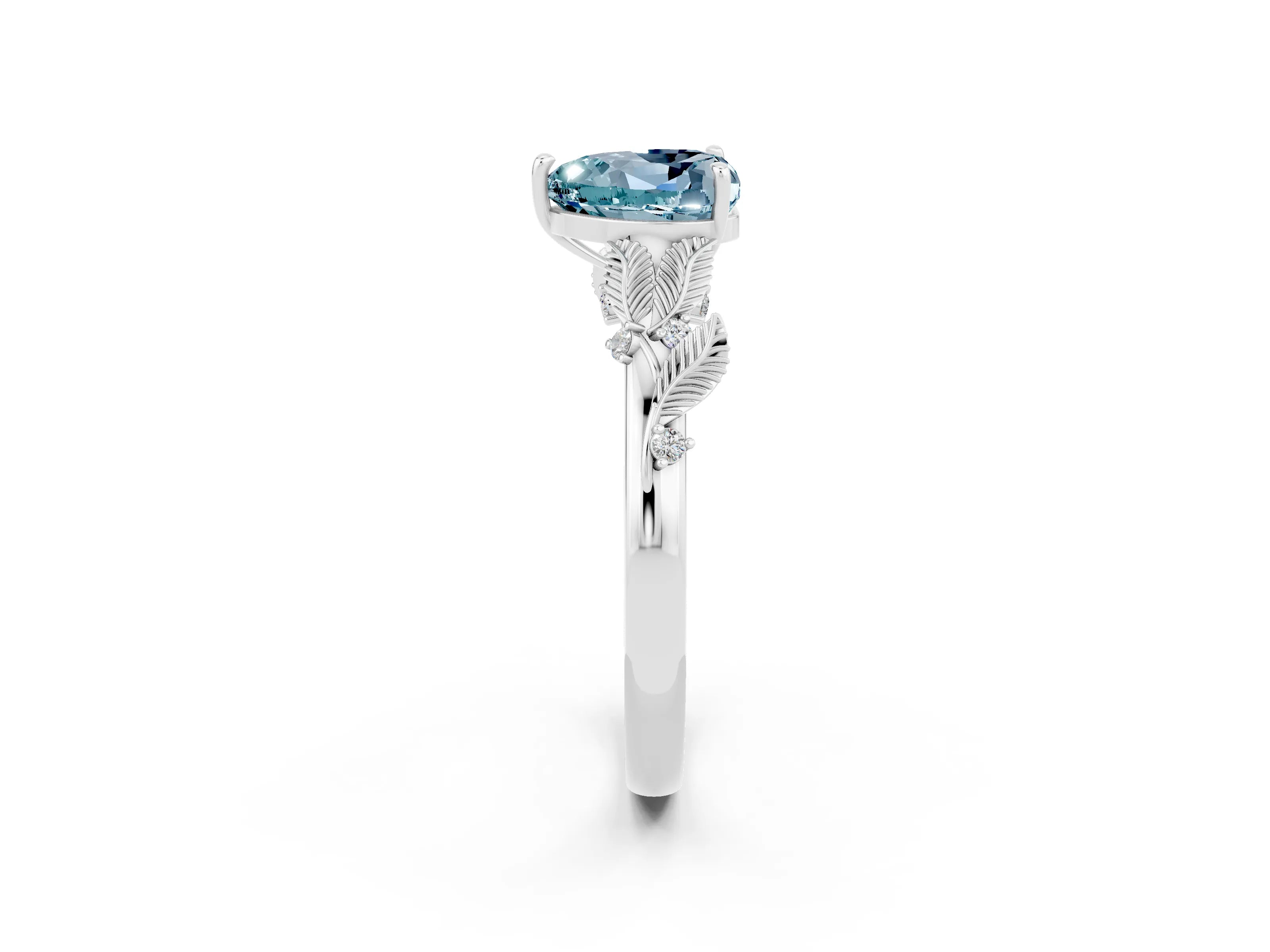White gold Heart Cut Aquamarine Solitaire Ring with Leaf Motif Band and Four-Prong Setting_2