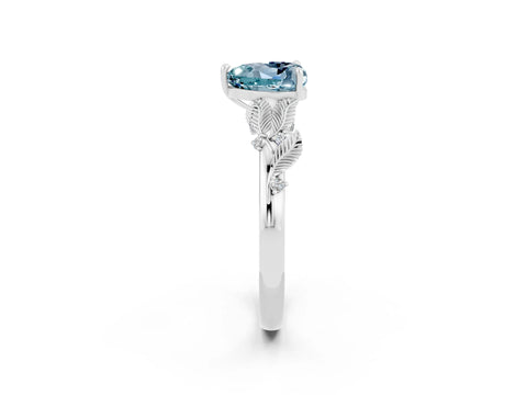 White gold Heart Cut Aquamarine Solitaire Ring with Leaf Motif Band and Four-Prong Setting_2