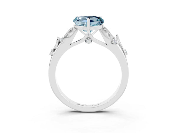 Platinum Heart Cut Aquamarine Solitaire Ring with Leaf Motif Band and Four-Prong Setting